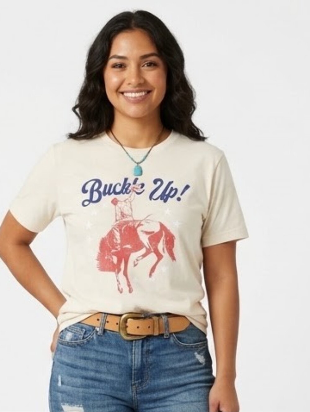 Buck' Up! Graphic Tee - Cream with Red & Navy Print